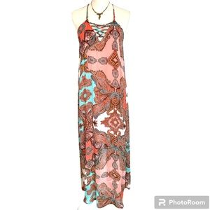 ENFOCUS STUDIO Paisley Print Halter Style Dress With Criss Cross deep V Neckline